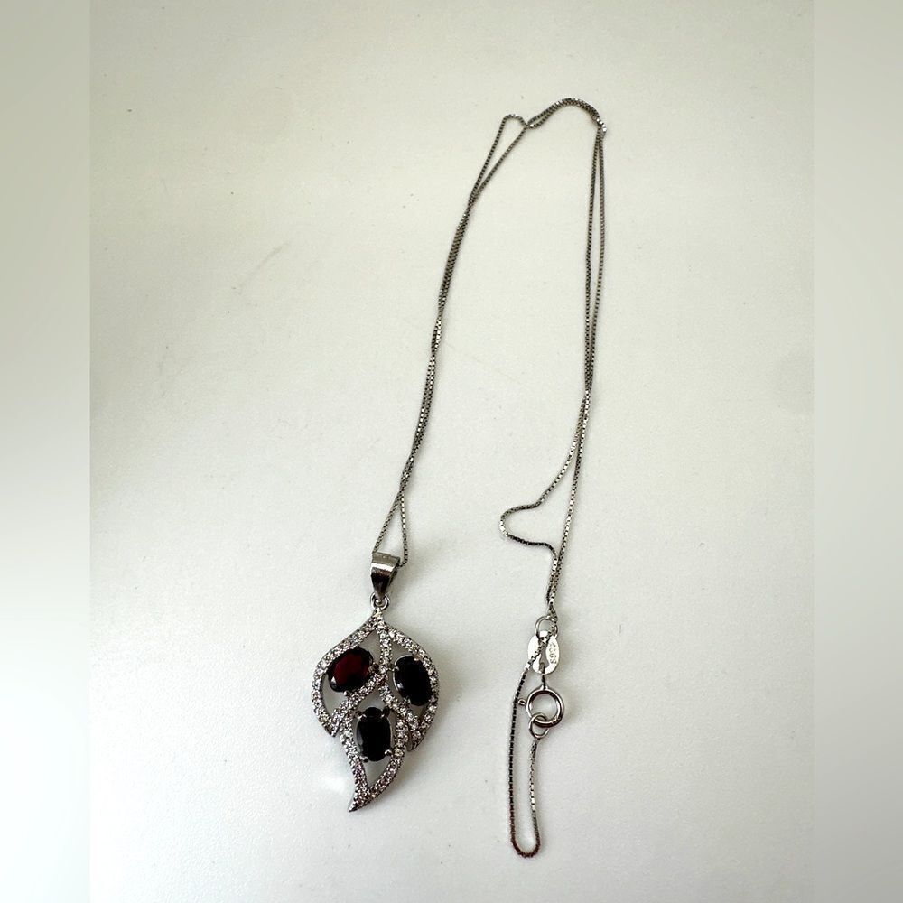 Three rhodalite garnets with cz accents "leaf" pendant on 17" 925 necklace!